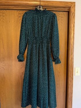 SHEIN Dark Green Long Sleeve Polka Dot Midi Dress